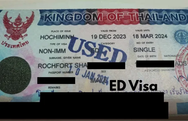 Thai ED visa Non-Immigrant sticker in passport - approved education visa issued at a Thai embassy abroad