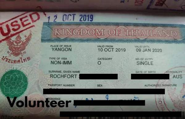 Thai Non-Immigrant O Volunteer visa sticker in passport - Non-IMM category O issued at a Thai embassy